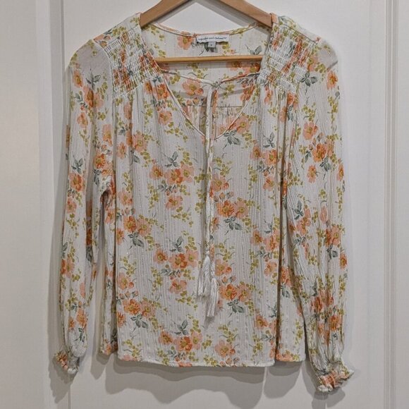 Cupcakes and Cashmere Blouse Women's Small Floral Peasant Smock Metallic Fringe - Picture 5 of 15